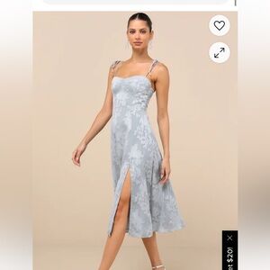 Lulus Loveliest Looks Dusty Blue Floral Jacquard Tie-Strap Midi Dress